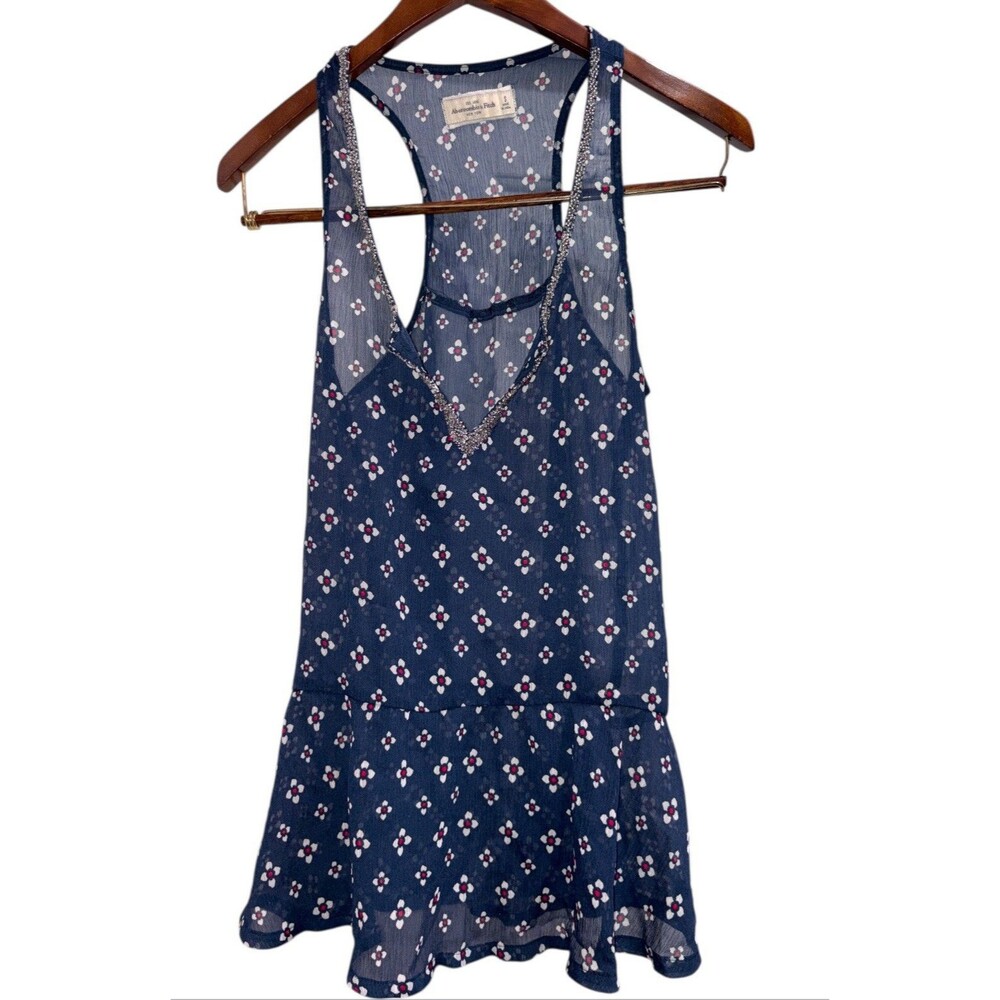 Abercrombie & Fitch Sleeveless Sheer Blouse Women's Small Beaded Navy Popover